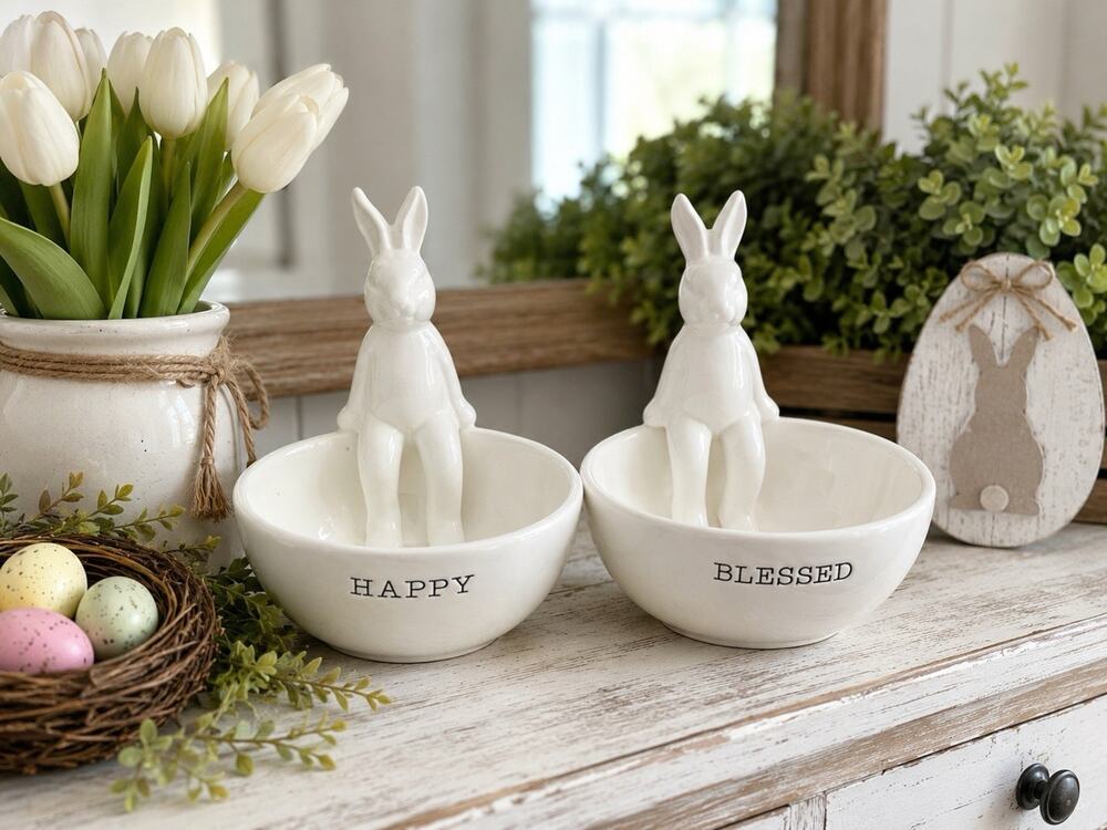 Mud Pie White Ceramic Bunny Bowls HAPPY & BLESSED Set of 2 Easter Decor